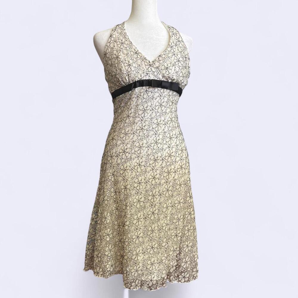 Vintage Y2K B.Darlin Size 9/10 Halter Dress Lace Cream Floral Empire Waist Bow